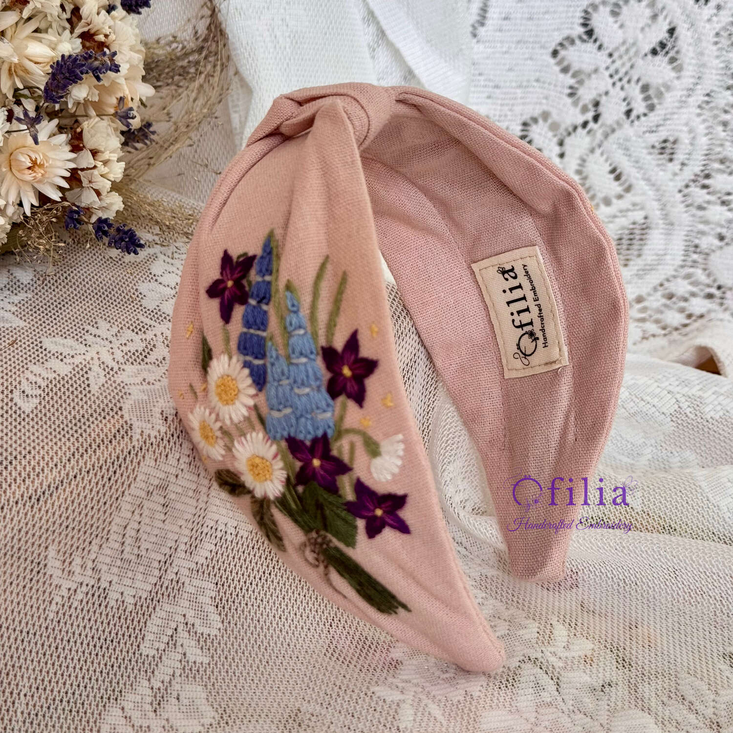 Käsinkirjailtu Kesäkukka turbaanipanta – Ofilia Handmade