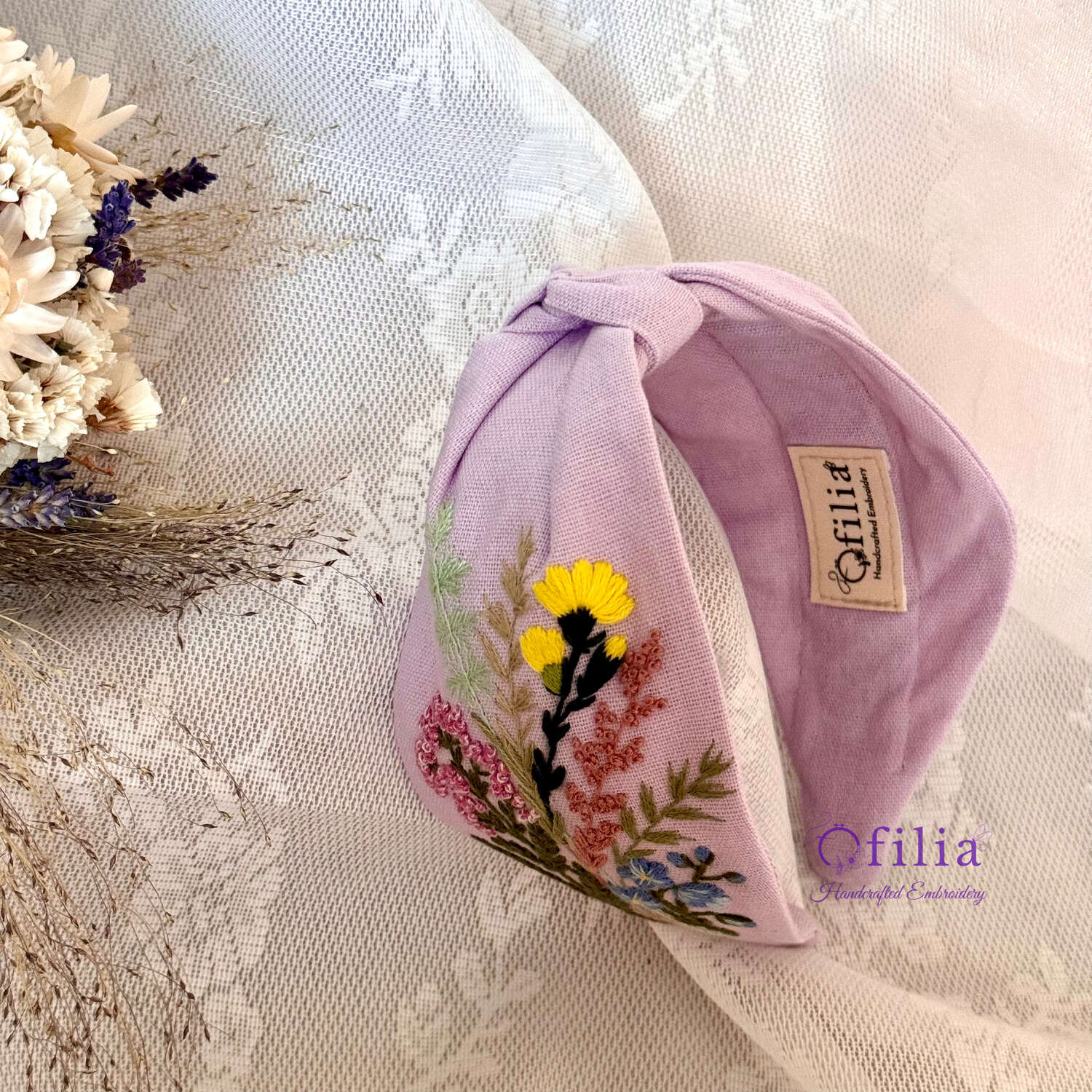 Käsinkirjailtu Niittykukka turbaanipanta – Ofilia Handmade