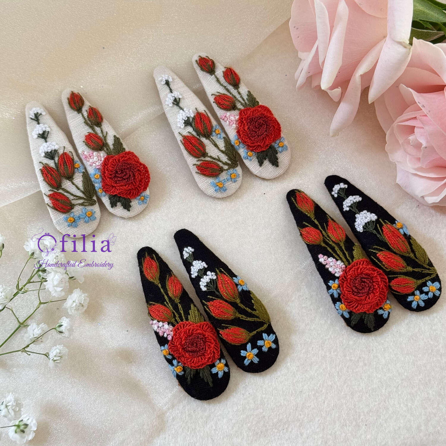 Käsinkirjailtut Punainen Ruusu Hiuspinnit – Ofilia Handmade