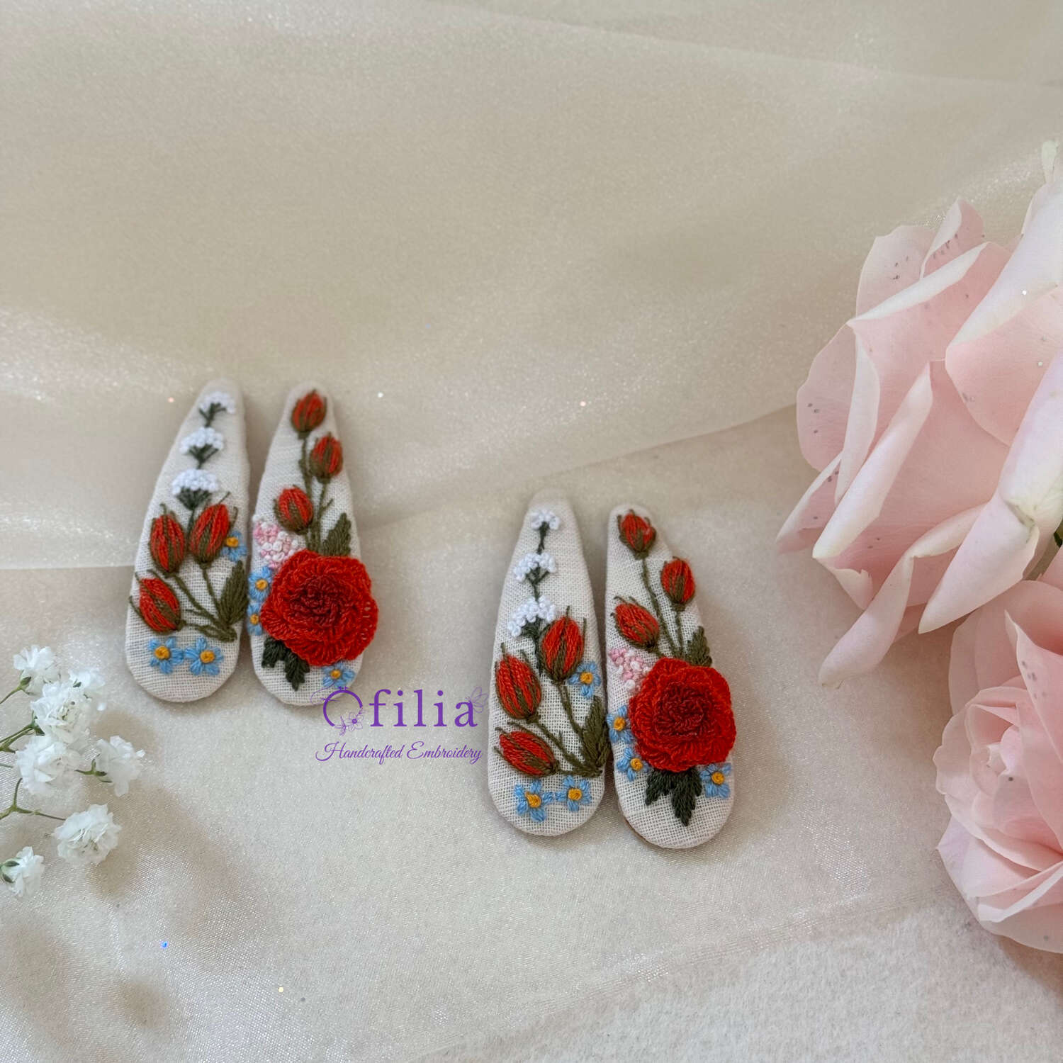 Käsinkirjailtut Punainen Ruusu Hiuspinnit – Ofilia Handmade