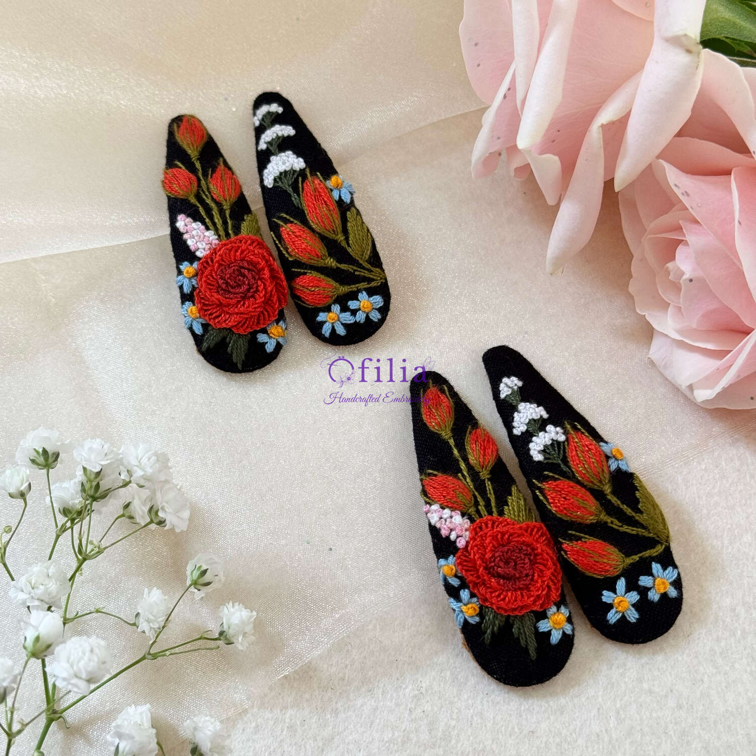 Käsinkirjailtut Punainen Ruusu Hiuspinnit – Ofilia Handmade