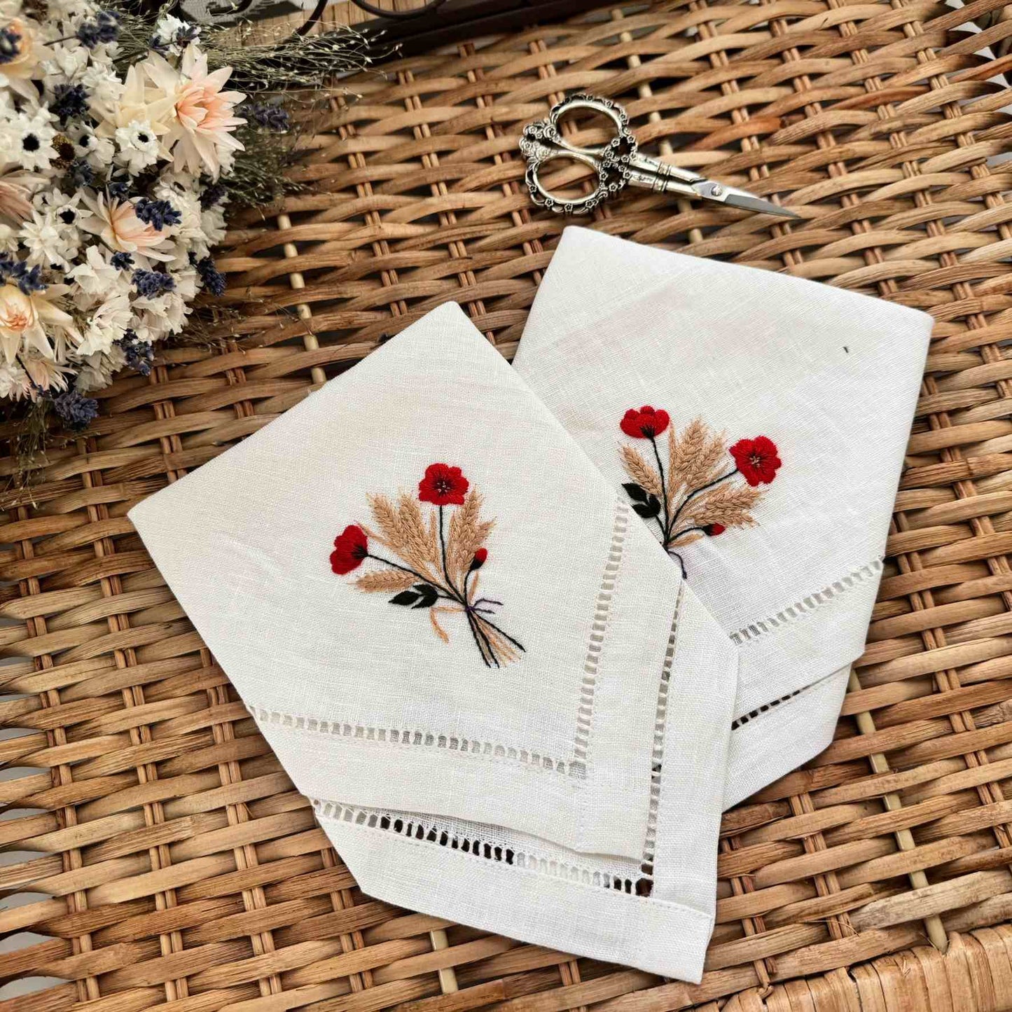 Red Poppy & Wheat Handkerchief