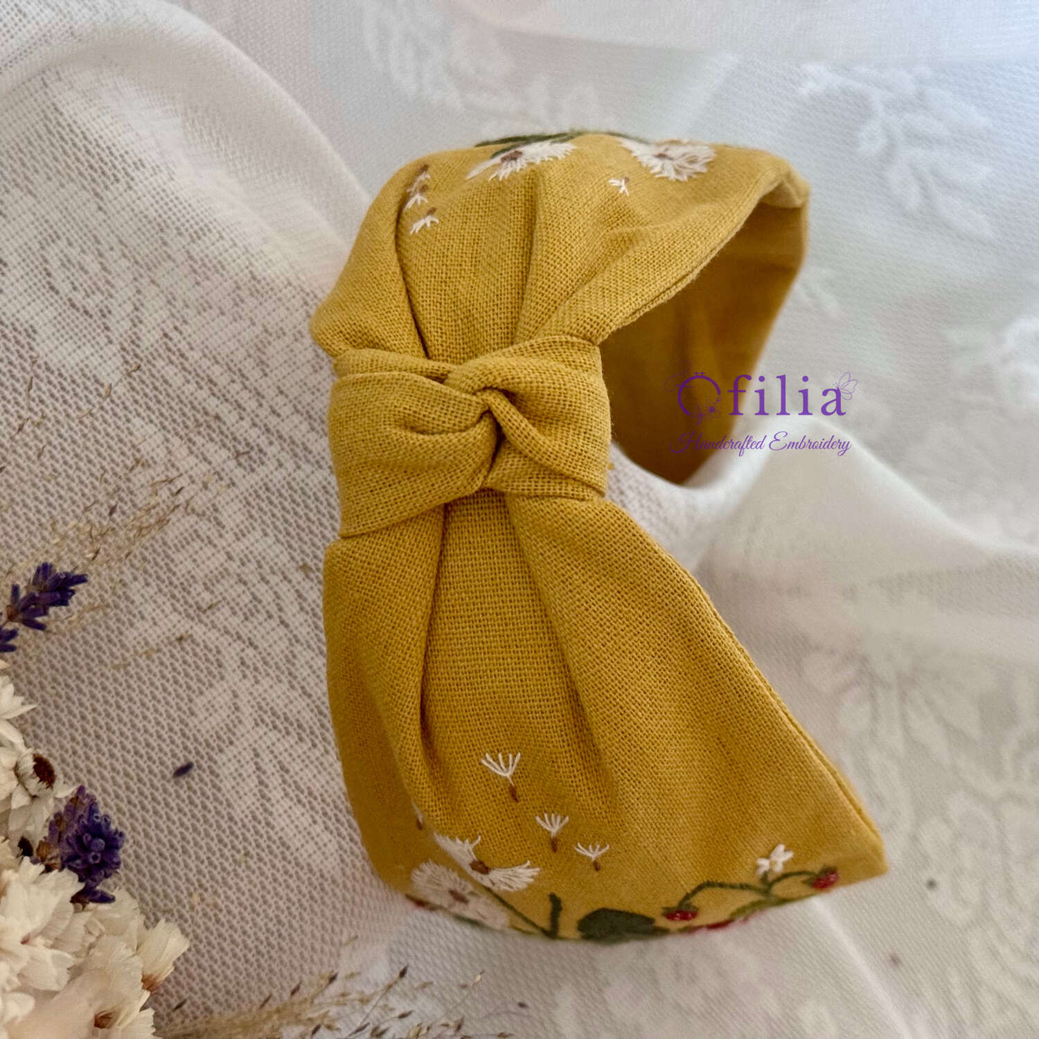 Käsinkirjailtu Sieni ja voikukka turbaanipanta – Ofilia Handmade