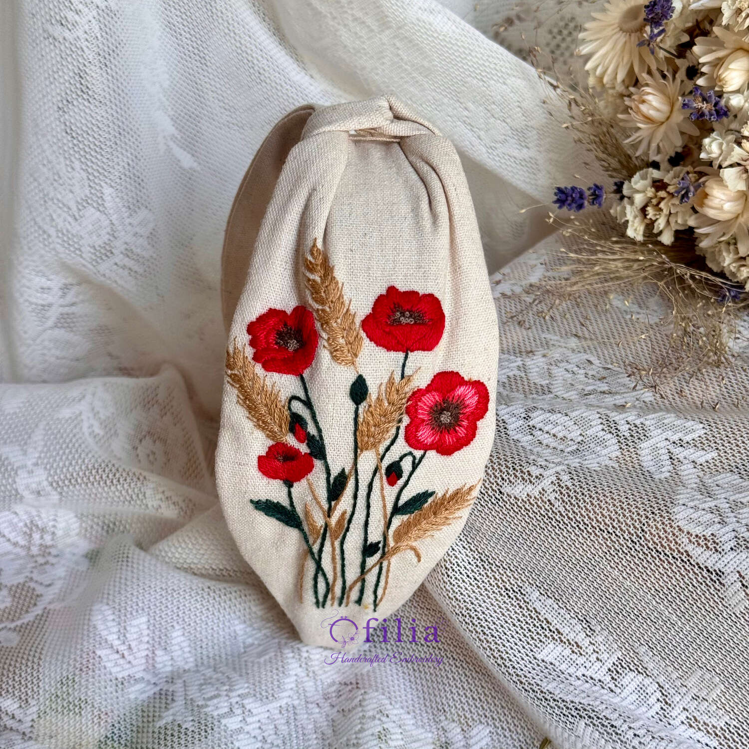 Käsinkirjailtu Unikko ja ohra turbaanipanta – Ofilia Handmade