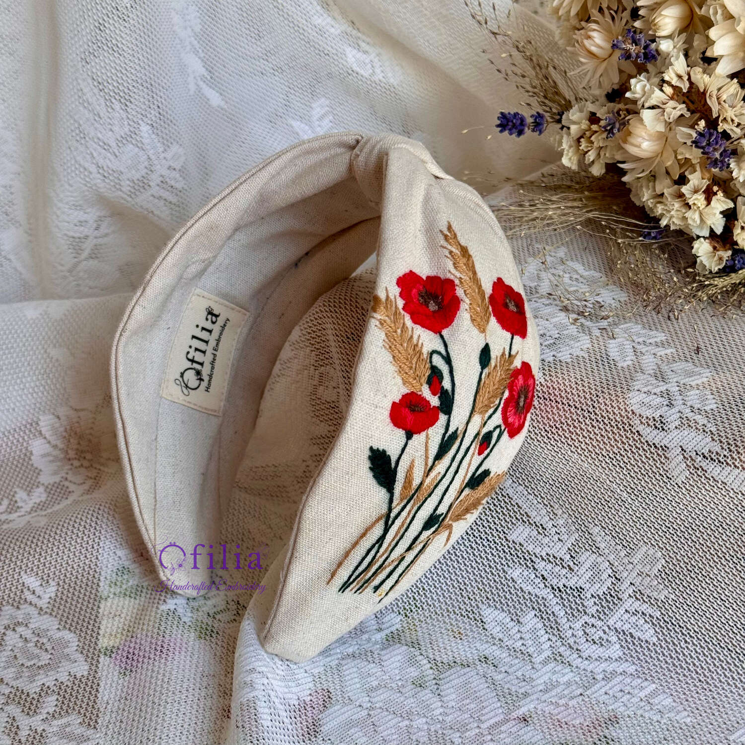 Käsinkirjailtu Unikko ja ohra turbaanipanta – Ofilia Handmade