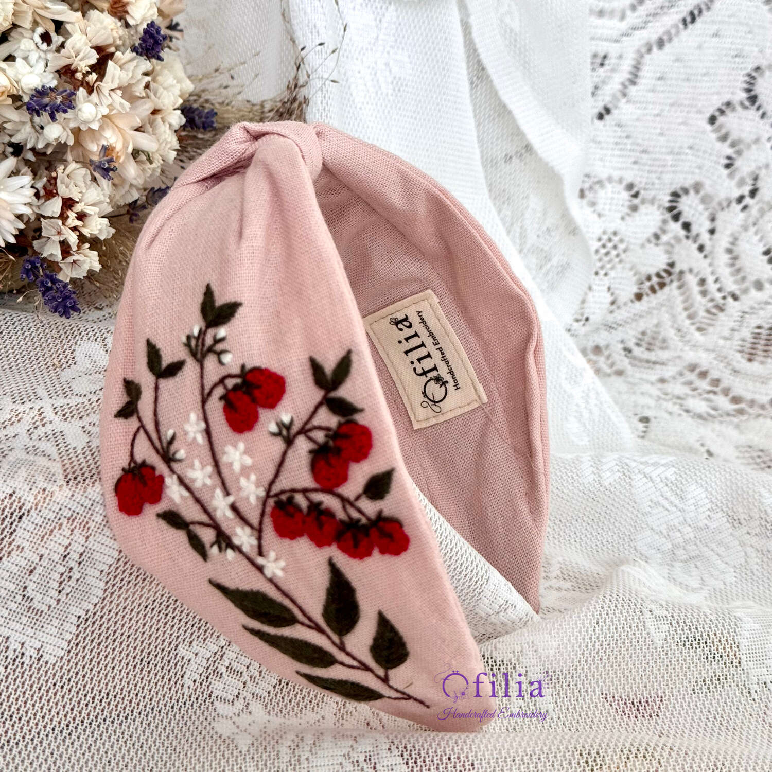 Käsinkirjailtu Vadelma turbaanipanta – Ofilia Handmade