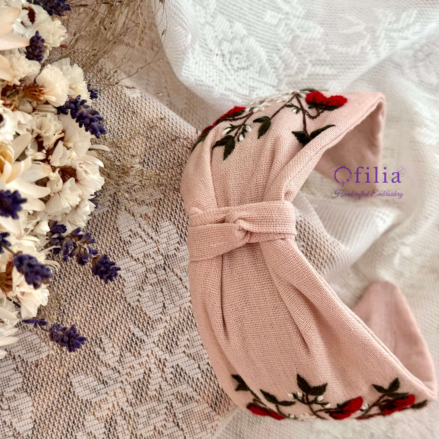 Käsinkirjailtu Vadelma turbaanipanta – Ofilia Handmade